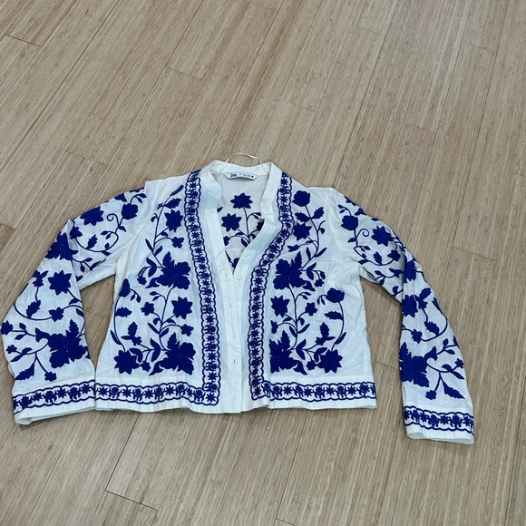 Zara Jackets & Blazers - Zara White Jacket with Royal Blue Floral Embroidery